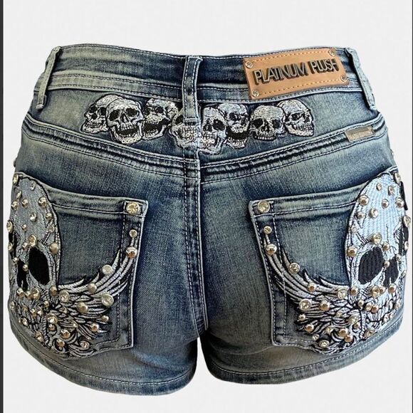 Platinum Plush Tribe of Skulls Rhinestone Shorts - Picture 1 of 3